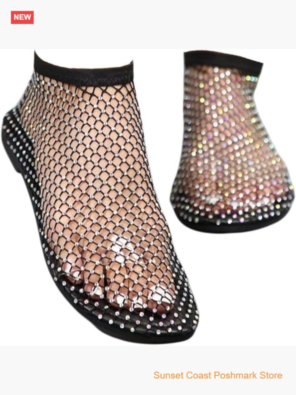 Ultra Comfortable Mesh Flats Fishnet Sandals Low Heel Slip On Rhinestone Shoes